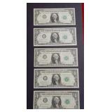 (5) 1963 B $1 Federal Reserve Notes - All Mints