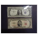 1957 A $1 Silver Certificate &1953 $5 United State