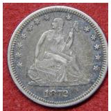 1872 Seated Liberty Silver Quarter Dollar Coin