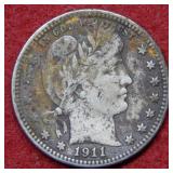 1911 D Barber Silver Quarter