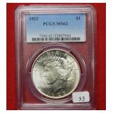 1923 Silver Peace Dollar PCGS MS62