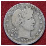 1909 D Barber Silver Quarter