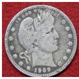 1909 D Barber Silver Quarter