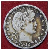 1902 O Barber Silver Quarter