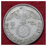 1934 German 2 Mark Coin with Swastika