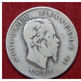 1871 Italy 5 Lira Silver Coin