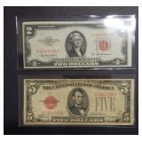 1953 A $2 & 1928 C $5 Red Seal Notes