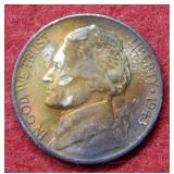 1943 D Jefferson Nickel- Multicolor Toning