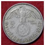 1937 German Silver 2 Mark Coin with Swastika