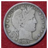 1907 D Barber Silver Half Dollar Coin