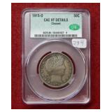 1915 D Barber Silver Half CAC VF Details Cleaned