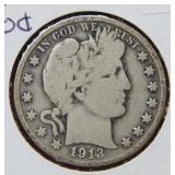 1913 D Barber Silver Half Dollar Coin