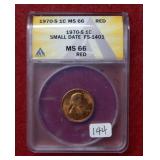 1970 S Lincoln Cent ANACS MS66 - Small Date - Red