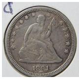 1891 Seated Liberty Silver Quarter