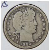1908 S Barber Silver Quarter