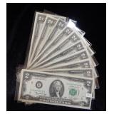 (9) 1976 & 1-1995 $2 UNC Federal Reserve Notes