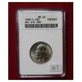 1939 S Washington Silver Quarter ANACS MS62