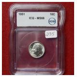 1951 Roosevelt Silver Dime ICG MS66
