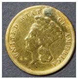 1882 US $3 Gold Coin - Rare/ Repaired