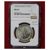 1943M Mexico Silver Peso NGC MS64