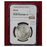 1944M Mexico Silver Peso NGC MS64