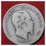 1871 Italy 5 Lira Silver Coin