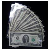 (9) 1976 & (1) 1995 Crisp $2 Notes