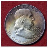 1963 D Franklin Silver Half - rainbow toning