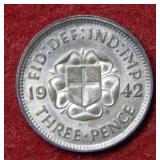 1942 Great Britain 3 Pence Silver Coin