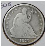 1875 Seated Liberty Silver Half Dollar Coin