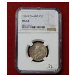 1934 Canada Silver Quarter NGC MS64