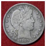 1909 S Barber Silver Half Dollar Coin