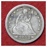1853 Seated Liberty Silver Quarter- Arrows & Rays