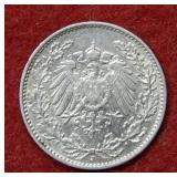 1907 German 1/2 Mark Silver Coin