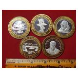 (5) .999 Fine Silver Center Vegas Gaming Tokens