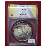 1924 Peace Silver Dollar ANACS MS64