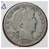 1913 D Barber Silver Half Dollar