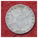 1854 Silver Three Cent Coin - scratch on rev