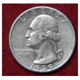 1939 S Washington Silver Quarter