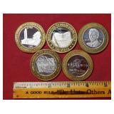 (5) .999 Fine Silver Center Vegas Gaming Tokens