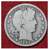 1893 S Barber Silver Half Dollar Coin