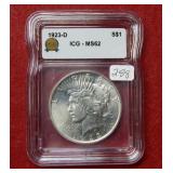 1923 D Peace Silver Dollar ICG MS62