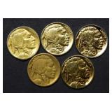 (5) Gold Plated Buffalo Nickels