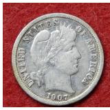 1907 D Barber Silver Dime