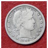 1908 O Barber Silver Quarter