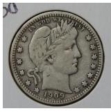 1909 Barber Silver Quarter