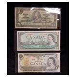 (3) Canada $1 Notes - different series
