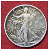 1918 D Walking Liberty Silver Half Dollar Coin