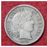1911 D Barber Silver Dime