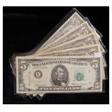 Lof of Five $5 Federal Reserve Star Notes